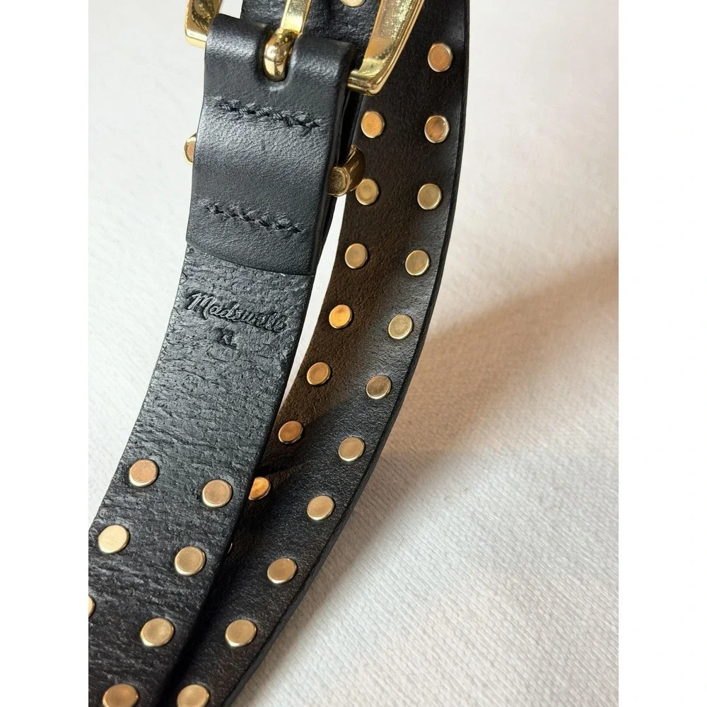 Madewell Flat Studded Western Belt Women's XL Black Leather Gold Buckle Boho